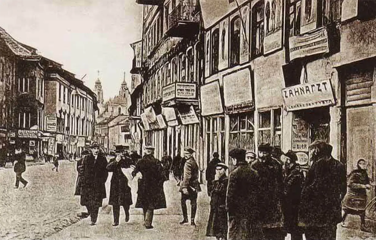 Vokiečių gatvės tarp Mikalojaus ir Trakų g. vaizdai 1915