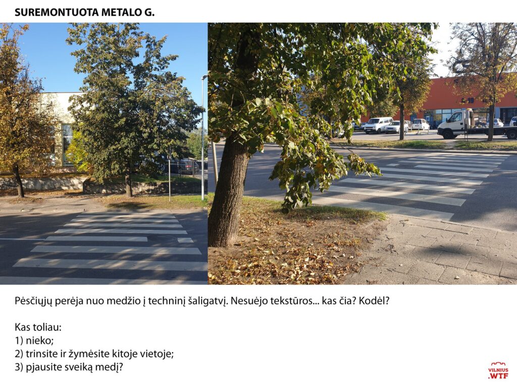 Pėsčiųjų perėja nuo medžio į techninį šaligatvį: Nesuėjo tekstūros kas čia? Kodėl?