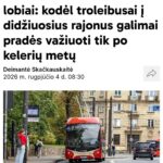 May be an image of ‎trolley and ‎text that says '‎Nerealizuoti Vilniaus lobiai: kodel troleibusai i didžiuosius rajonus galimai prades važiuoti tik po keleriy mety Deimante Skačkauskaité 2026 m. rugpjučio 4 d. 08:30 音 香盟 Vinus 색진 Vinjustaukrain ψυυι ยเกส தാ! هههمد Vilniaus troleibusai. ilniaustroleibusai.| S.Žiürosnuotr. S. Žiuros nuotr.‎'‎‎