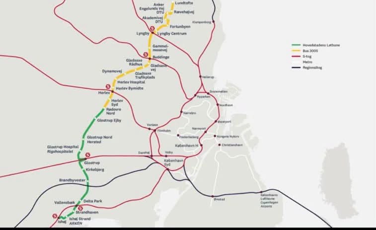 Kopenhagos lengvojo geležinkelio, S-tog ir metro linijų schema